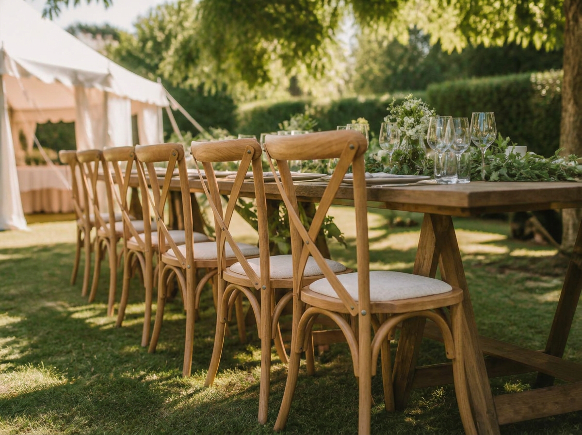 Row of light oak cross-back wedding chairs beside a rustic table on grass