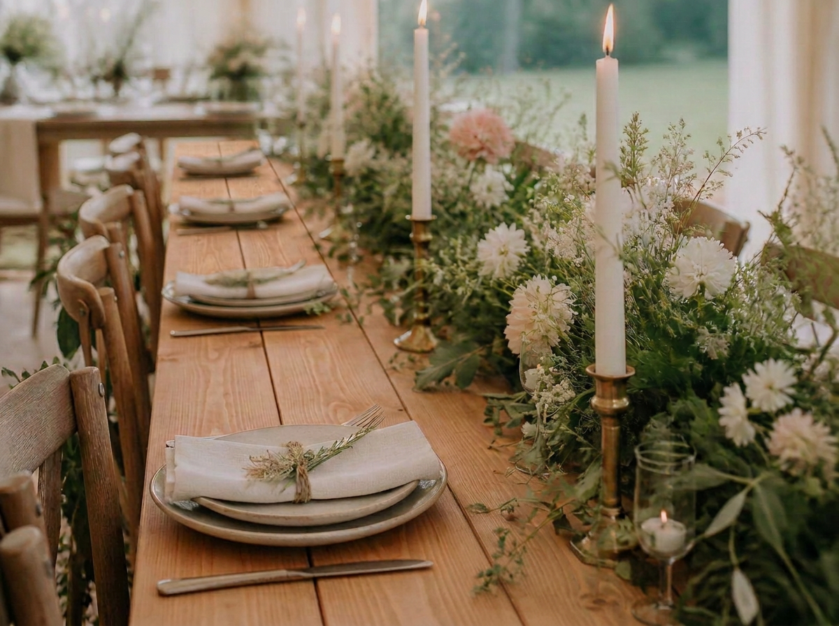 Rustic wooden wedding table dressed with wildflowers, taper candles and linen